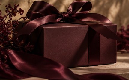 A burgundy gift box tied with ribbon
